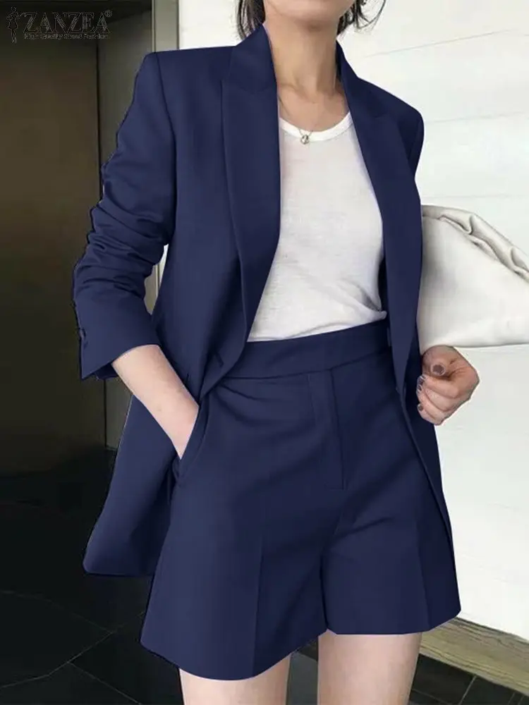 Stylowe zestawy spodni z długim rękawem 2024 ZANZEA Women Autumn OL Wok Short Sets 2pcs Solid Tracksuits Elegant Office Lady Suit