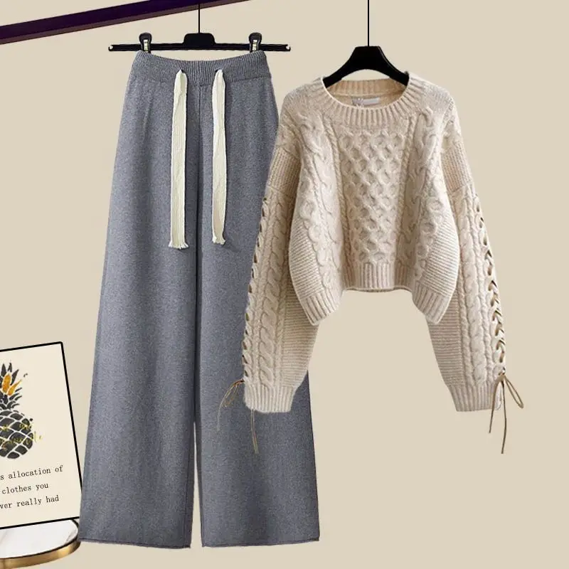 Conjunto de dos piezas para mujer, suéter de punto con temperamento y pantalones de pierna ancha informales, a la moda, Otoño e Invierno