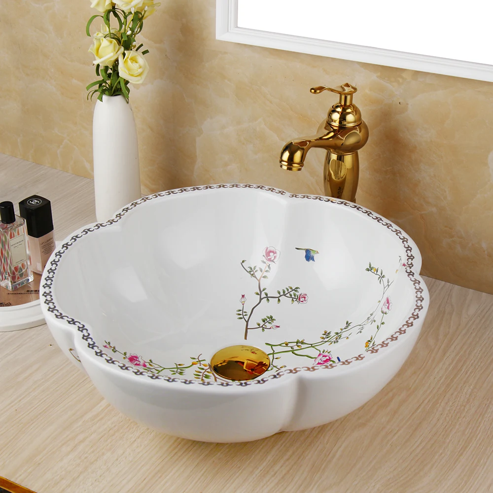 KEMAIDI Bathroom Basin Sink Faucet Set White Color Art Above Counter Vanity Ceramic Basin with Flower Shape Shiny Gold Faucet