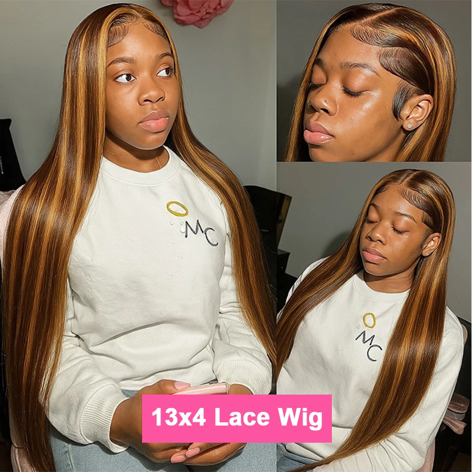 4/27 Highlight Ombre Straight 13x4 HD Lace Frontal Wig Human Hair Brazilian 30 Inch Colored Lace Front Human Hair Wigs For Women image 4