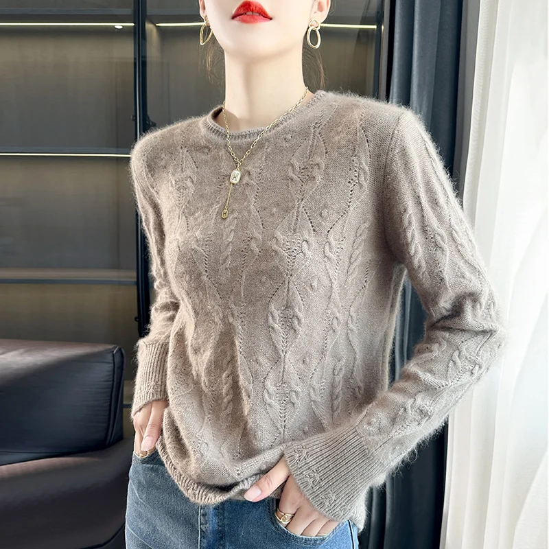 Women\'s sweater autumn/winter new 100% cashmere pullover casual knitted Tops Japanese/Korean style round neck hollow Blouse