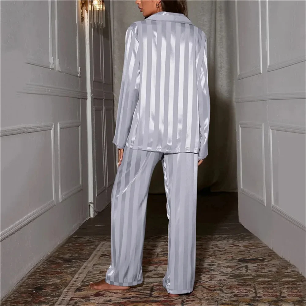 Women's Pajama Set Summer Striped Long Sleeve Top Trousers Silk Satin Home Suit Spring Autumn Loose Casual Sleepwear Nightwear