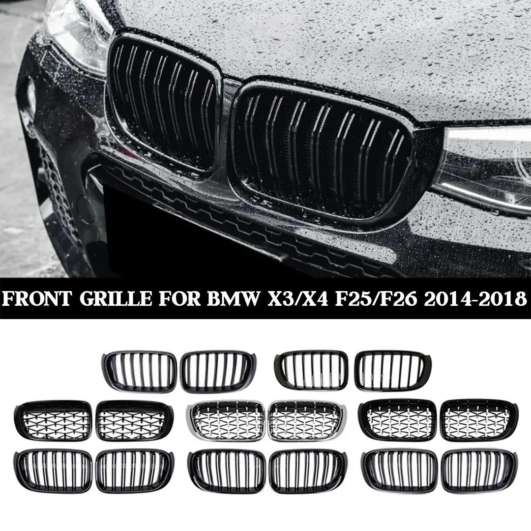 

Для BMW X3 F25 X4 F26 2014-2018 хромированная передняя решетка с бриллиантами, замена двойной гоночной решетки из углеродного волокна