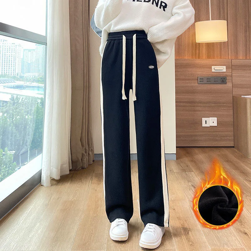 Winter Lace-up High Waist Side Stripe Pants Plush Velvet Lined Wide Leg Sweatpants Warm Pantalones Women Korea Fashion Spodnie