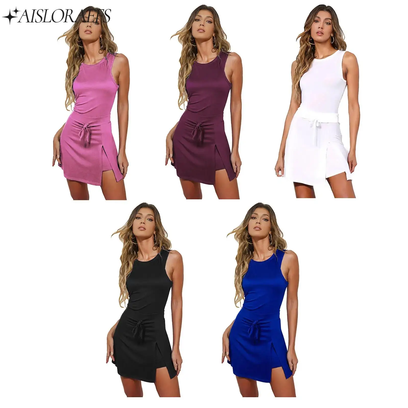 Women Vintage Cutout Back Split Dress Jazz Dance Tennis Golf Run Train Outdoor Sports Casual Sleeveless Drawstring Waist Dress