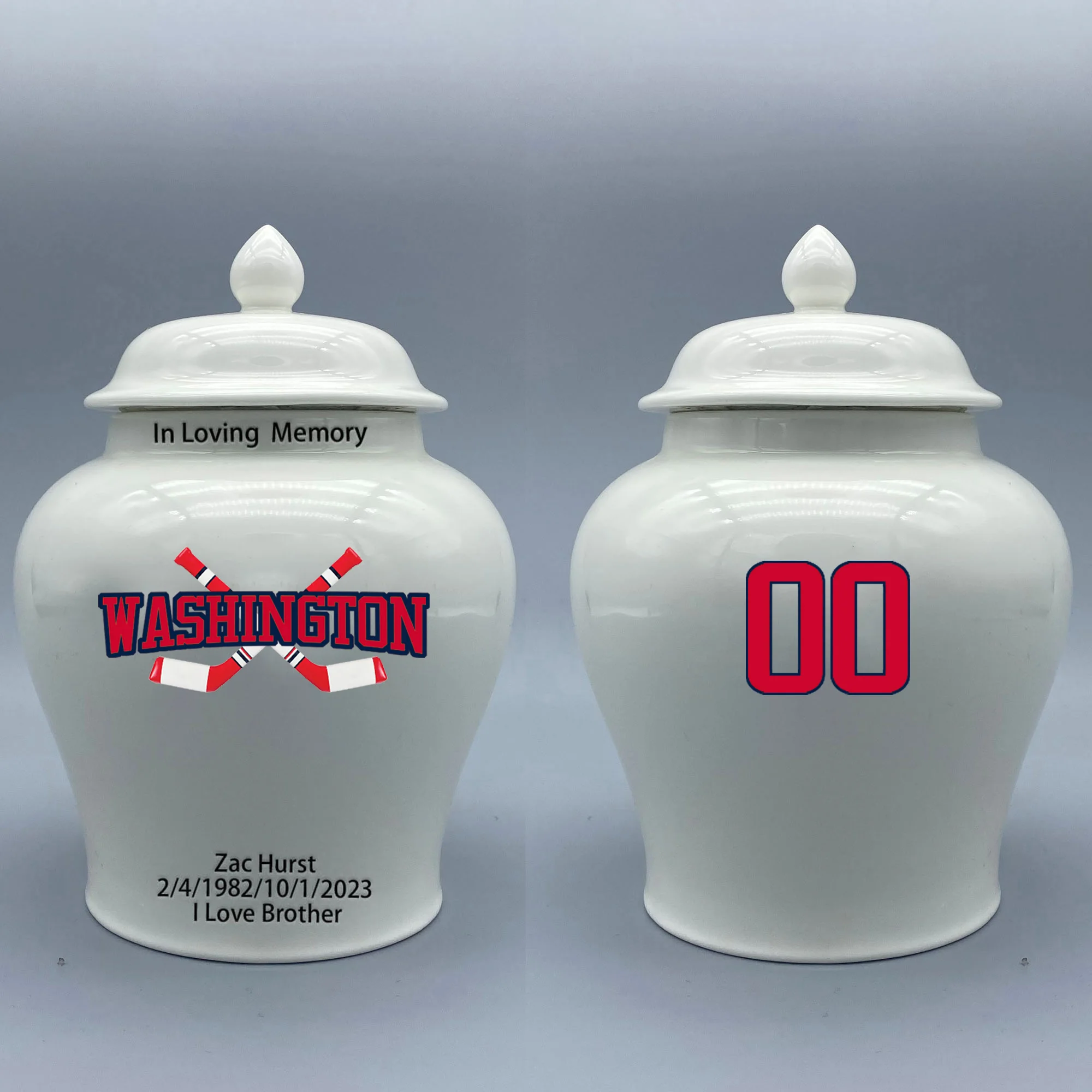 

Medium Urn for Washington Capitals-themed Hockey Urn.Please send me the customize information-name/date and number on the urn