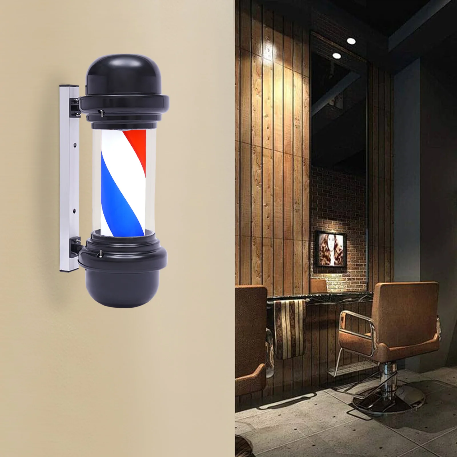 Schwarze Rotierende Friseursalon-Leuchte 220V Wandmontierte LED 12W 14000K 4W Motor 50 U/min Aluminiumlegierung Barbier-Pfostenleuchte 1,3m Kabel