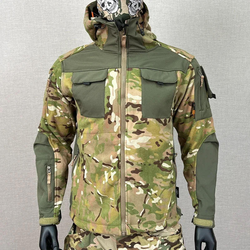 Tactical Camouflage Jacket Men Fleece Multi Pocket Wear-resistant Training Soft Shell Clothing Patchwork Outdoor Warm Combat Top