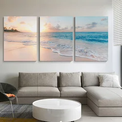3pcs Set of Seaside Sunset Landscape Canvas Painting Mist Forest Sun Sea Wall Art Poster Modern Living Room Interior Home Decor