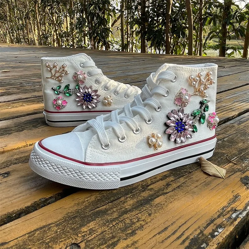 Original National Crystal Flower High-top Canvas Shoes Handmade Girl Sneakers Sweet Lace-up Women\'s  White Vulcanized