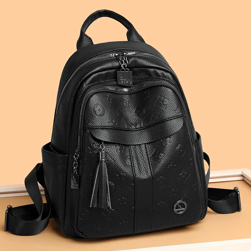 

2026 New Women's PU Leather Trendy Backpack Shoulder Bag Handbag with Embossed Texture Tassel Multiple Pockets Stylish Commuter