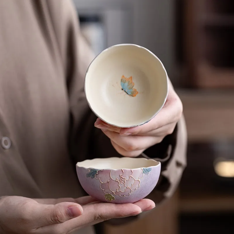 

Hand Painted Relief Carving Peony Dragon Egg Cup Chinese Gongfu Tea Set Ceramic Tea Cup Master Cup Unique Artisan Teacup