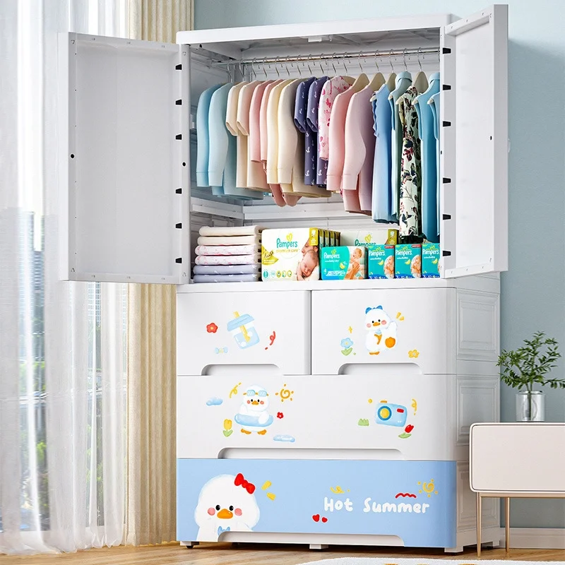 Extra Large Plastic Storage Cabinet, Double Door Kids Wardrobe with Drawers, Cartoon Baby Clothes Organizer for Bedroom Room