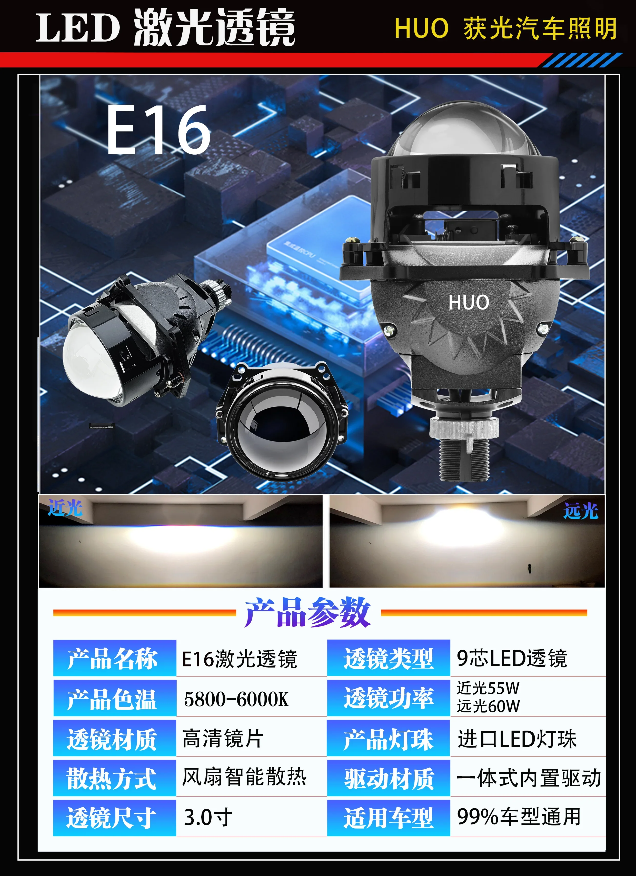 The New E16 Car's Integrated LED Dual Lens Headlights with High and Low Beam, 3-inch Strong Concentrated Light, H4H7