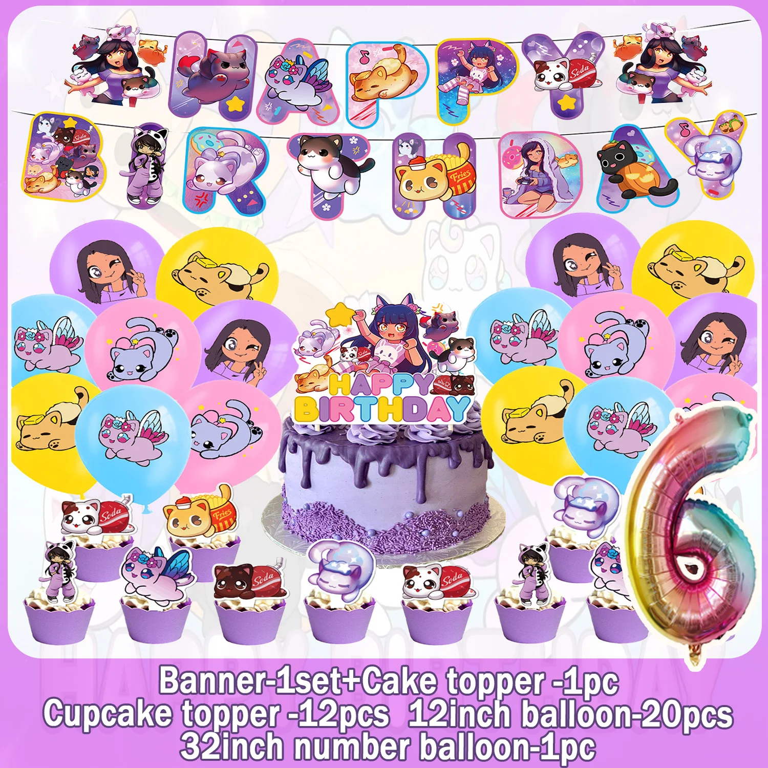 Niedliches Aphmau-Themen Geburtstagsparty-Dekorationsset Happy Birthday Banner Meow Cat Ballon Tortendekoration Kinder Mädchen Geburtstagsparty-Zubehör – Detail 7