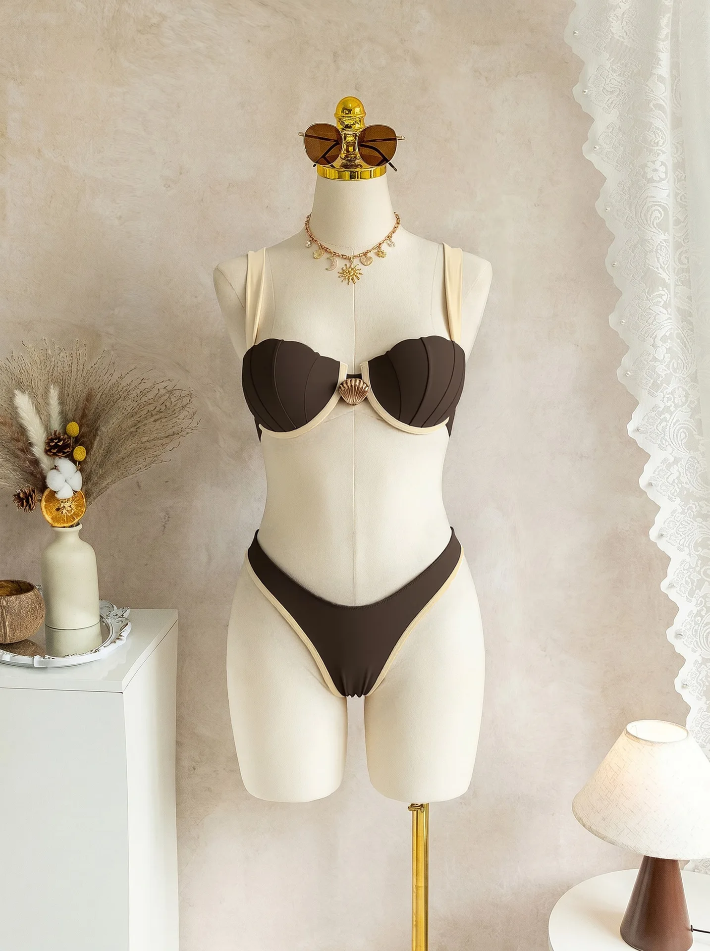 sexy coffee patchwork push up metal shell bikini sets two pieces thong swimsuits bathing suit swimwear biquini tankini trikini
