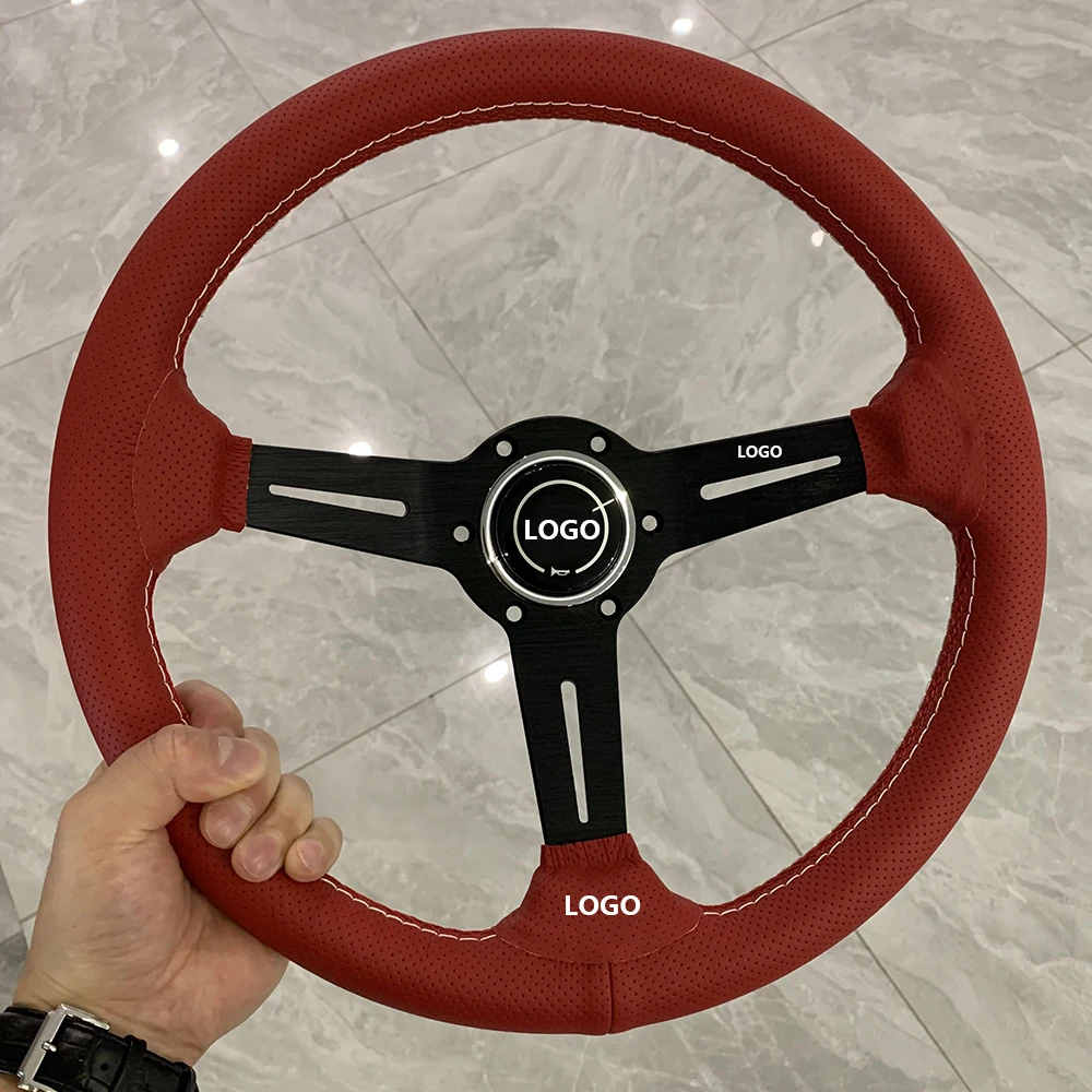 14inch 350mm Red Perforated Leather Steering Wheel  Universal Racing Drifting Steering Wheel Black Spoke