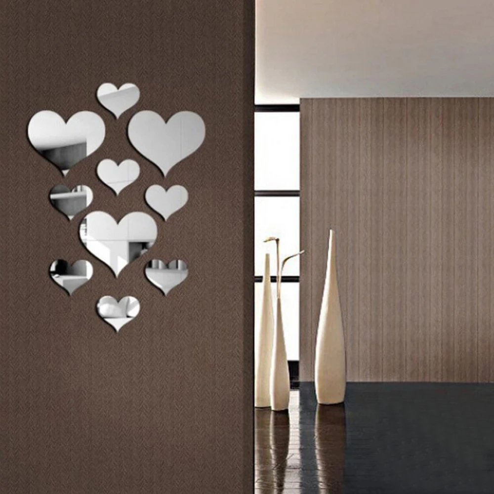 10 pièces/ensemble Durable amour coeur autocollants autocollant Mural miroir Mural 3D décalcomanie Simple bricolage décoratif amovible Paster décoration de la maison