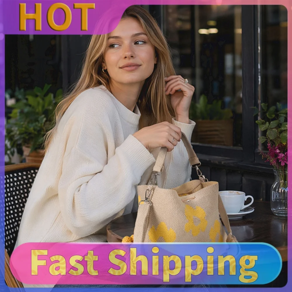 Women Handmade Crochet Flower Tote Breathable Boho Floral Woven Beach Bags Soft Cotton Knitted Tote Bags Daily Commute Handbag