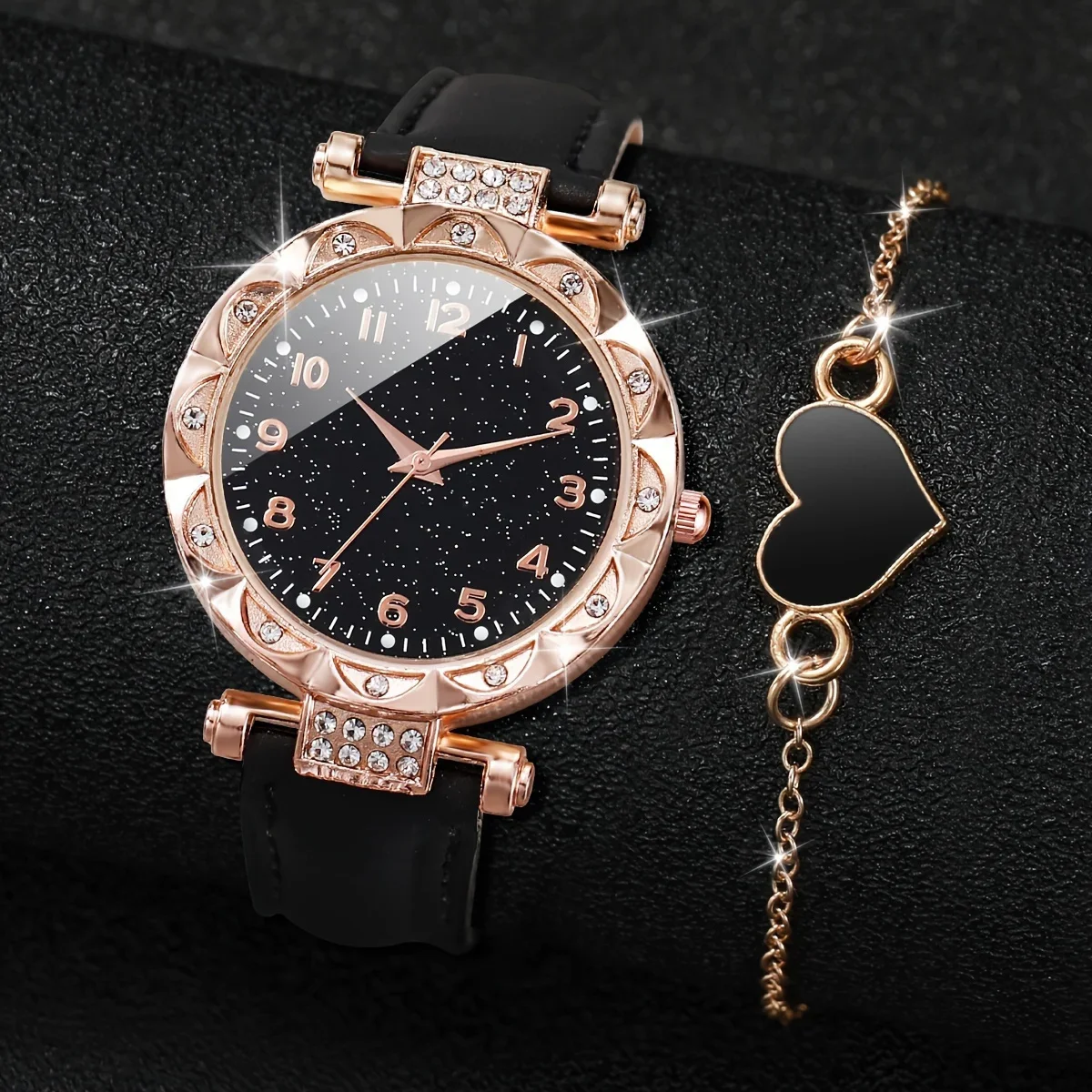 2pcs/set Women\'s Shiny Rhinestone Quartz Watch Analog PU Leather Wrist Watch & Heart Bracelet, Valentines Gift For Her