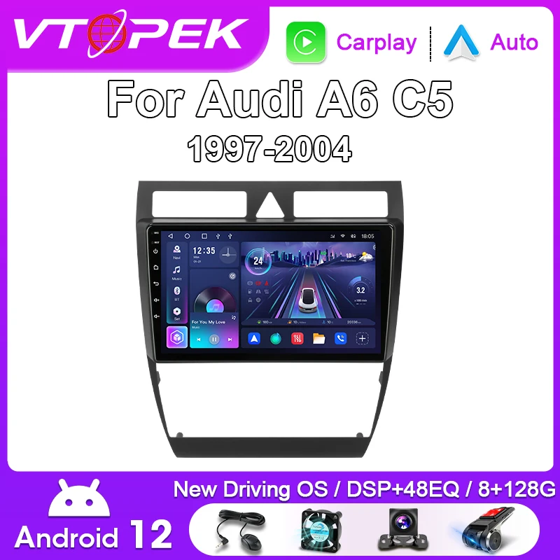 Автомобильный мультимедийный плеер Vtopek 2 Din Android 12 для Audi A6 C5 S6 RS6 с высоким разрешением и кабелем питания/рамк...