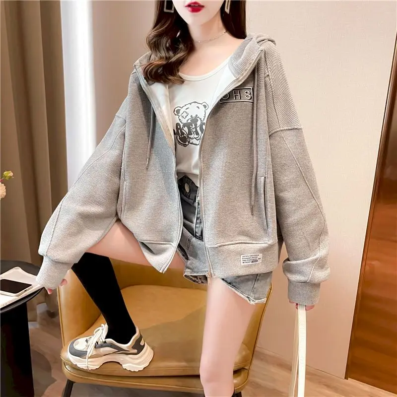 Waffle Short Hoodies Women Spring Autumn Trendy Thin Cardigan Hoodie Korean Style Loose Chic Sports Hooded Coats Casual Jackets