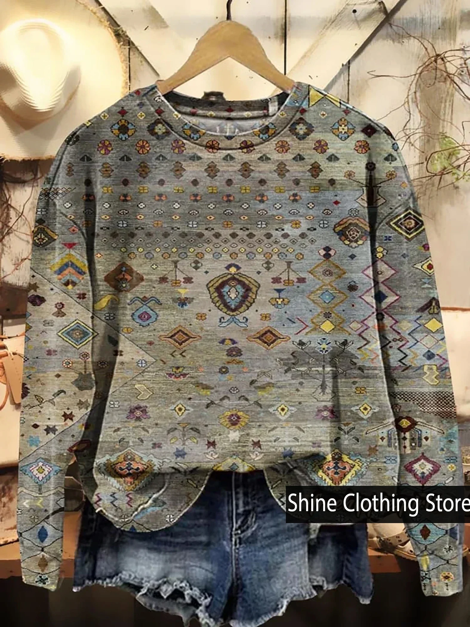 New Arrivals Vintage Moroccan Style Print Casual Sweatshirt  O-Neck Comfortable T-Shirt Size S To 5XL