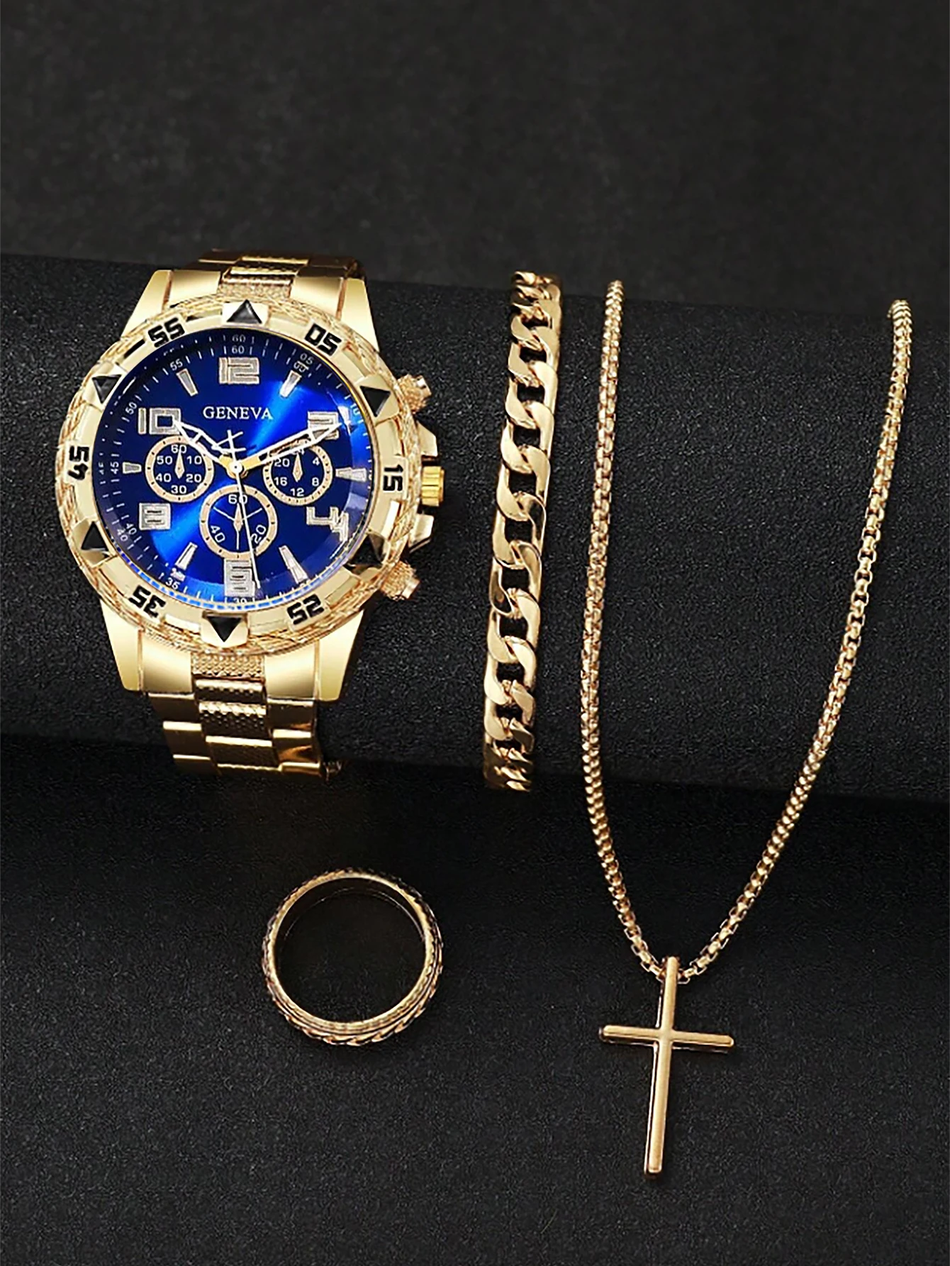 Reloj de cuarzo con pulsera de acero de negocios para hombre de aleación de oro y conjunto de anillo y collar con pulsera de cadena: un regalo de cumpleaños para él