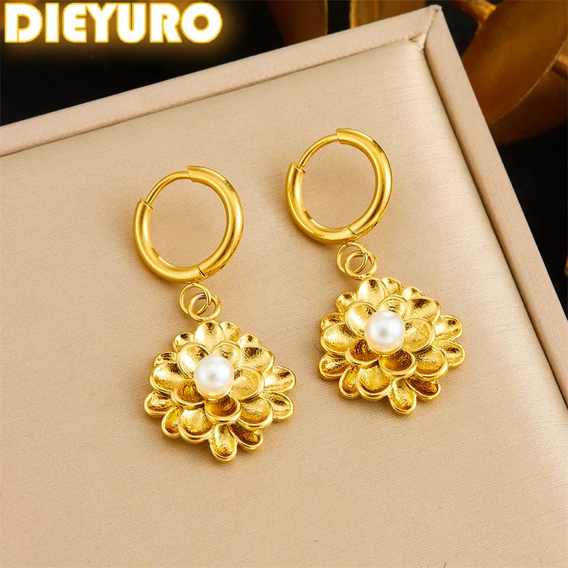 DIEYURO 316L Stainless Steel Golden Water Lily Inlaid With Pearl Earring For Womens New Trend Fashion Ear Buckle Jewelry Gift