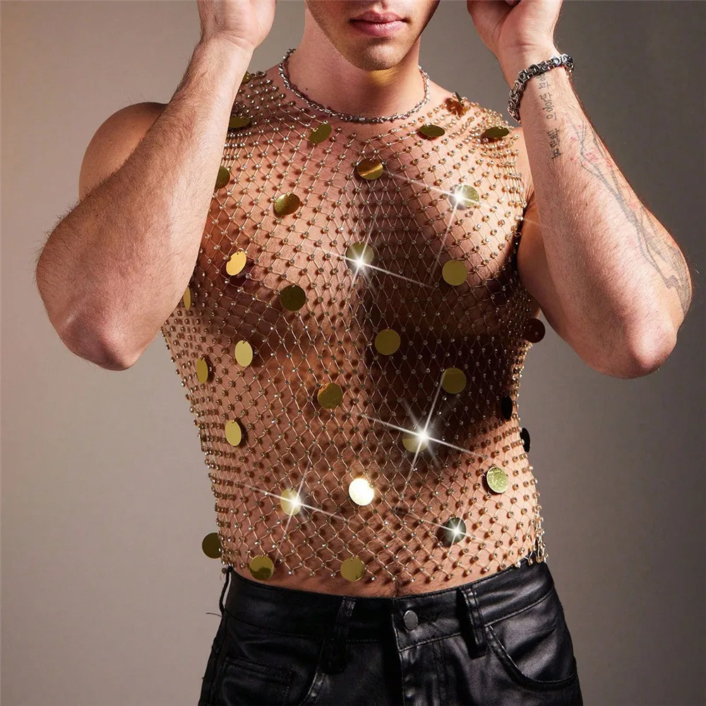 

New Men's Nightclub Cutout Tank Top Sexy Sheer Fishnet Rhinestone Sequin Top European & American Style Diamond-Studded Menswear