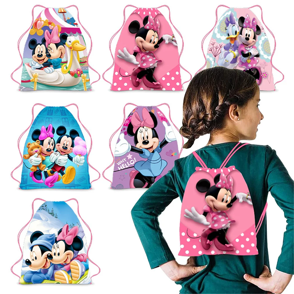 Disney-mochila de Mickey Mouse para niños y niñas, bolsa de almacenamiento portátil de dibujos animados de Minnie, bolsa con cordón, bolsa Kawaii