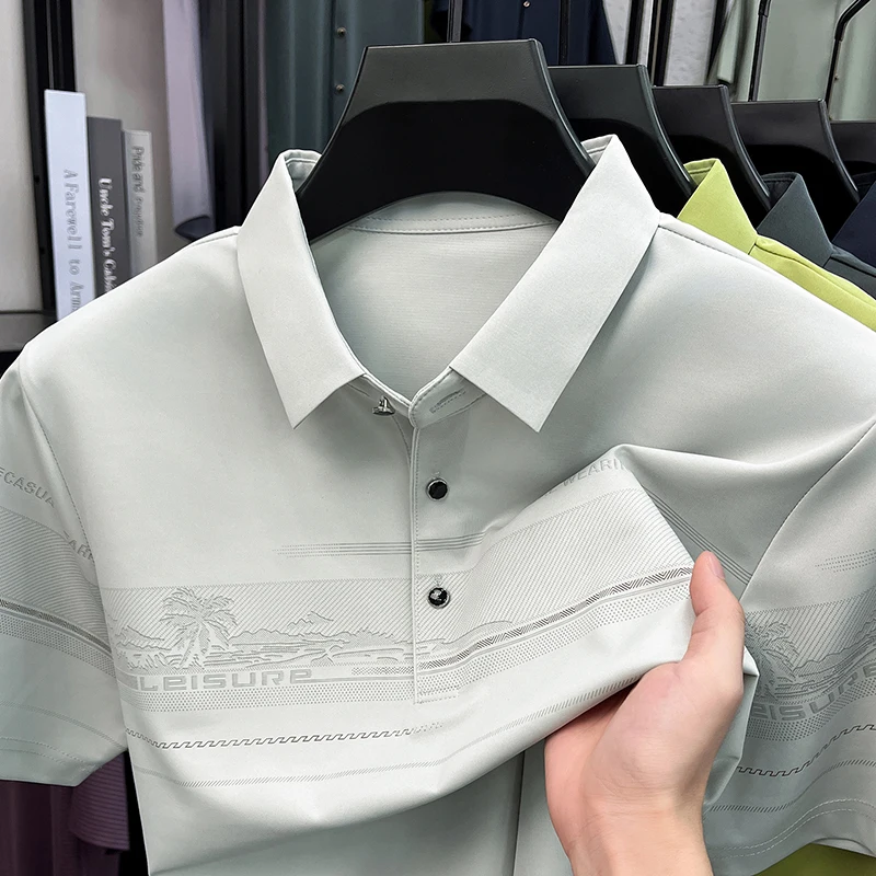 TFETTERS 2026 Summer Luxury Business Men's T-shirt Palm Tree Print Ice Silk Seamless Stretch Formal Dad Office Short T Shirt Man