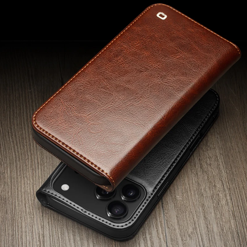 QIALINO Premium Genuine Leather Phone Case for iPhone 18 17 16 15 14 13 12 11 Pro Max Mini Air Plus Natural Cowhide Wallet Cover