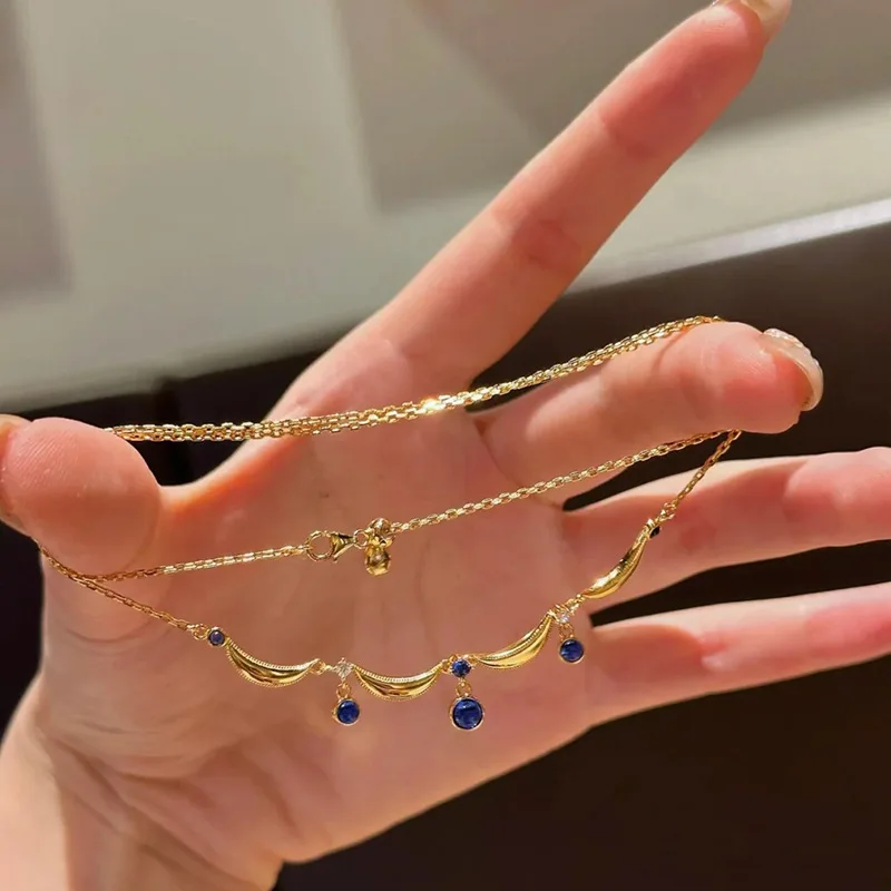 ENSHIR Moon Blue Zircon Water droplets Lace Necklace for Women Girls Vintage Delicate French Princess Jewelry Gifts Wholesale