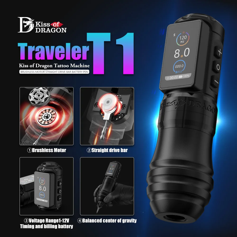 

Kiss of Dragon ‘TRAVELER-T1’ Wireless Brushless Tattoo Machine 4.0mm Stroke 2000mAh Battery Capacity For Tattoo Artists