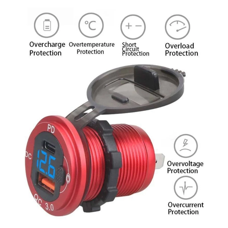 Vehicle USB Charging Module with C and A Outputs, Digital Power Readout, 12V-24V Recessed Outlet for Car Truck Use K1KF
