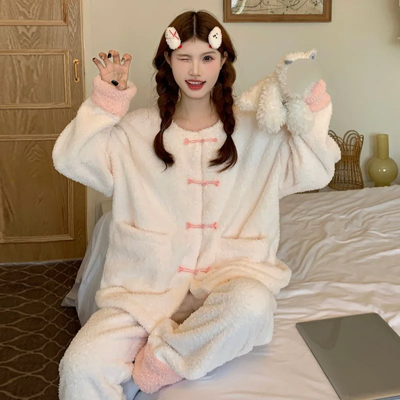 여성용 코랄 플리스 파자마 세트 단색 겨울 따뜻한 잠옷 편안한 플란넬 라운지웨어 홈웨어 봄 나이트웨어
