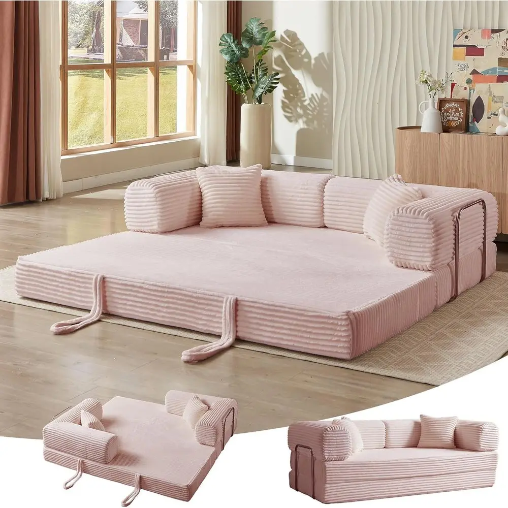 Convertible olding Soa Bed,old Out loor Soa Couch with ixed-Shap,Corduroy oldable MattrCloud Couch or Living Room Bedroom (Pink,
