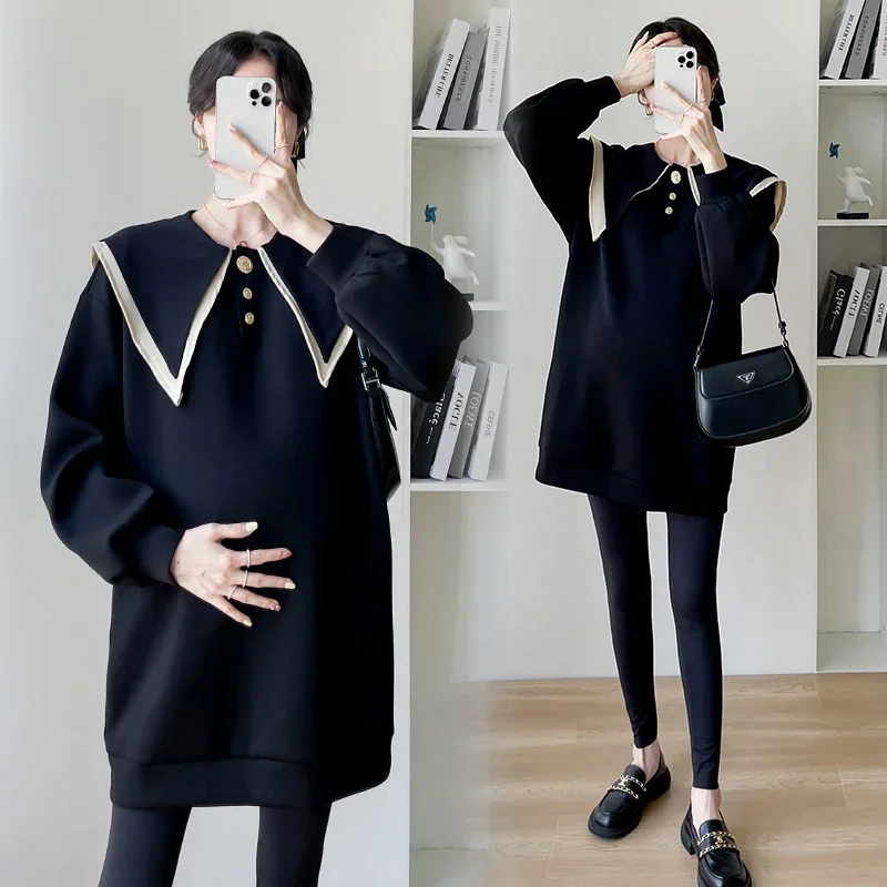 

Sweet Autumn Dense Black Maternity Hoodies Oversize Loose Cape Sweatshirts Clothes for Pregnant Women Fashion Pregnancy Tops