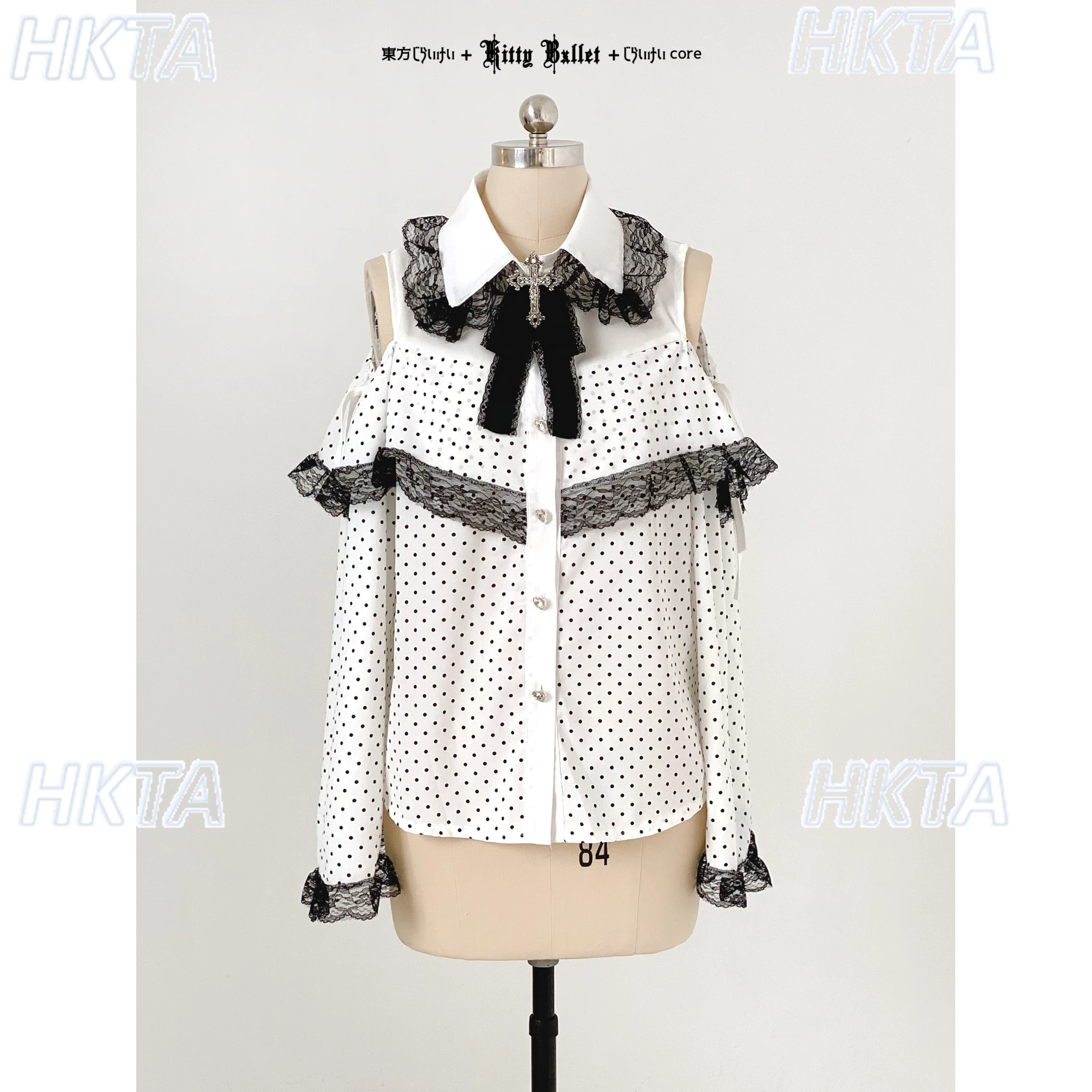 Style japonais automne doux Kawaii hors de l'épaule dentelle revers à manches longues dessus de chemise femmes Lolita nœud à pois Blouse fille