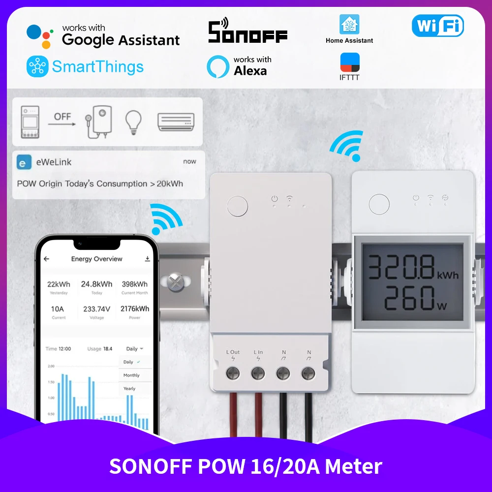 Novo medidor de energia SONOFF POW Origin/elite 16/20A Display LCD Interruptor de proteção contra sobrecarga de corrente de tensão via Home Assistant Ewelink
