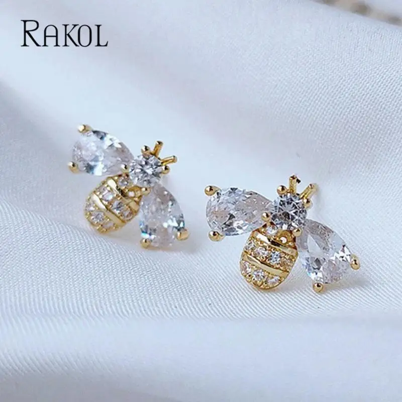 RAKOL Niedliche Insekt-Bienen-Ohrstecker mit Zirkonia für Frauen, zartes Tier, goldfarben, Ohrring, Party, Geburtstag, Schmuck