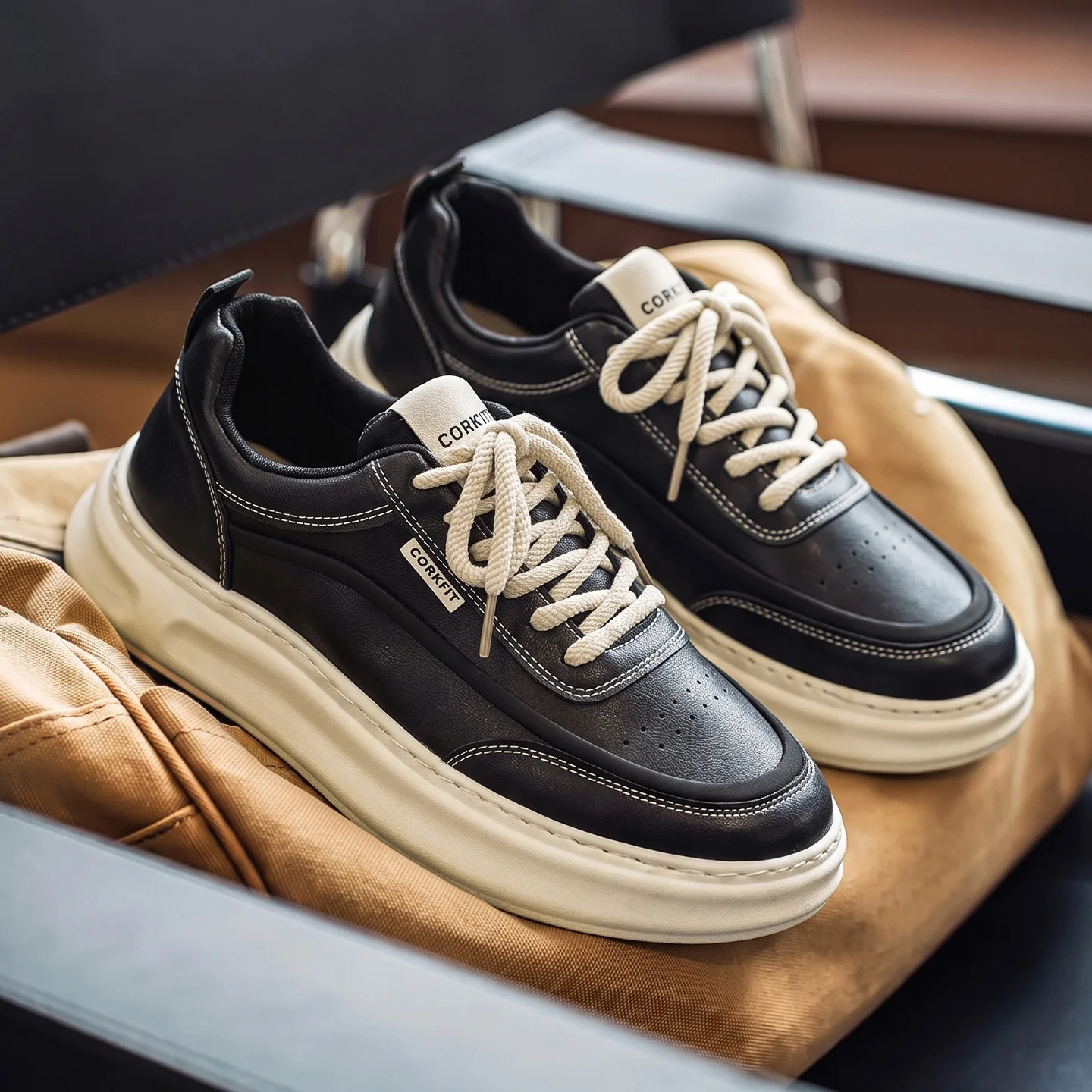 Men Sneakers Spring Summer Casual Board Shoes Smooth Texture Thick Sole Lace Up Minimalist Daily Footwear