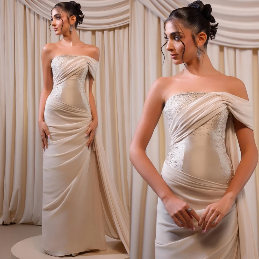 Robe de soirée en mousseline de soie beige, personnalisée, Simple, élégante, asymétrique épaule dénudée, sans bretelles, classique, cristal, dos à lacets, robe de bal