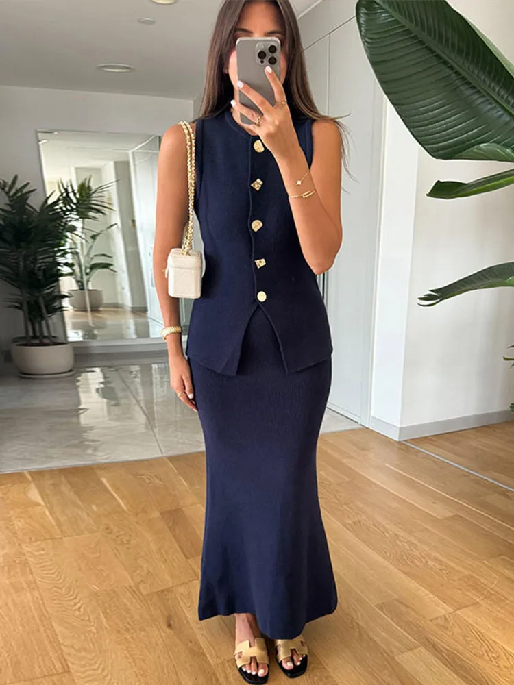 Elegant Knit Vest Suits Women Solid Single Breasted O-neck Sleeveless Slim Waistcoat Bodycon Midi Skirts 2025 Spring Lady Outfit image 4