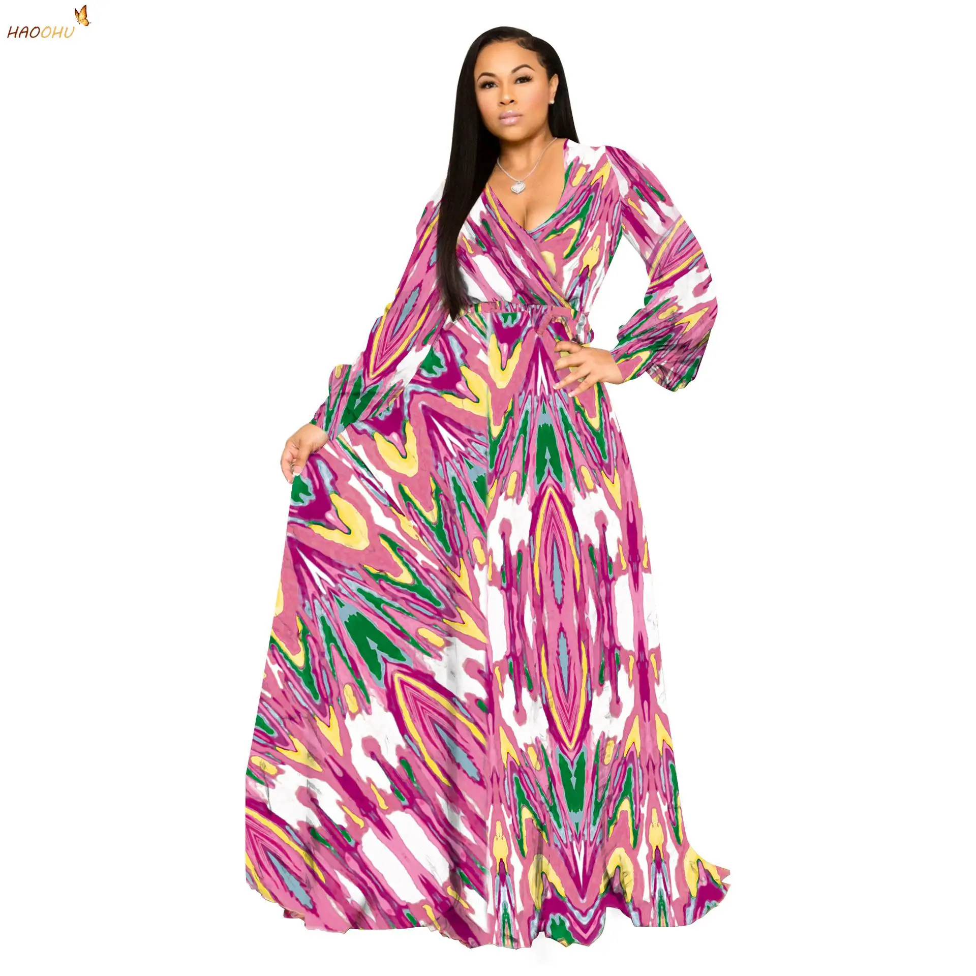 HAOOHU Beach Chiffon Long Dresses Women's Clothing Plus Size Dresses 2023 Autumn Urban Casual Fashion Print Large Swing Dress