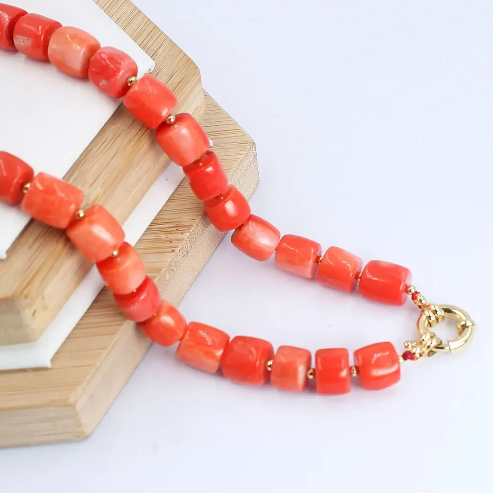 9-10mm Drum Column Orange Natural Sea Bamboo Coral Irregular Chokers Short Necklace for Mother\'s Day Jewelry Gift 18\