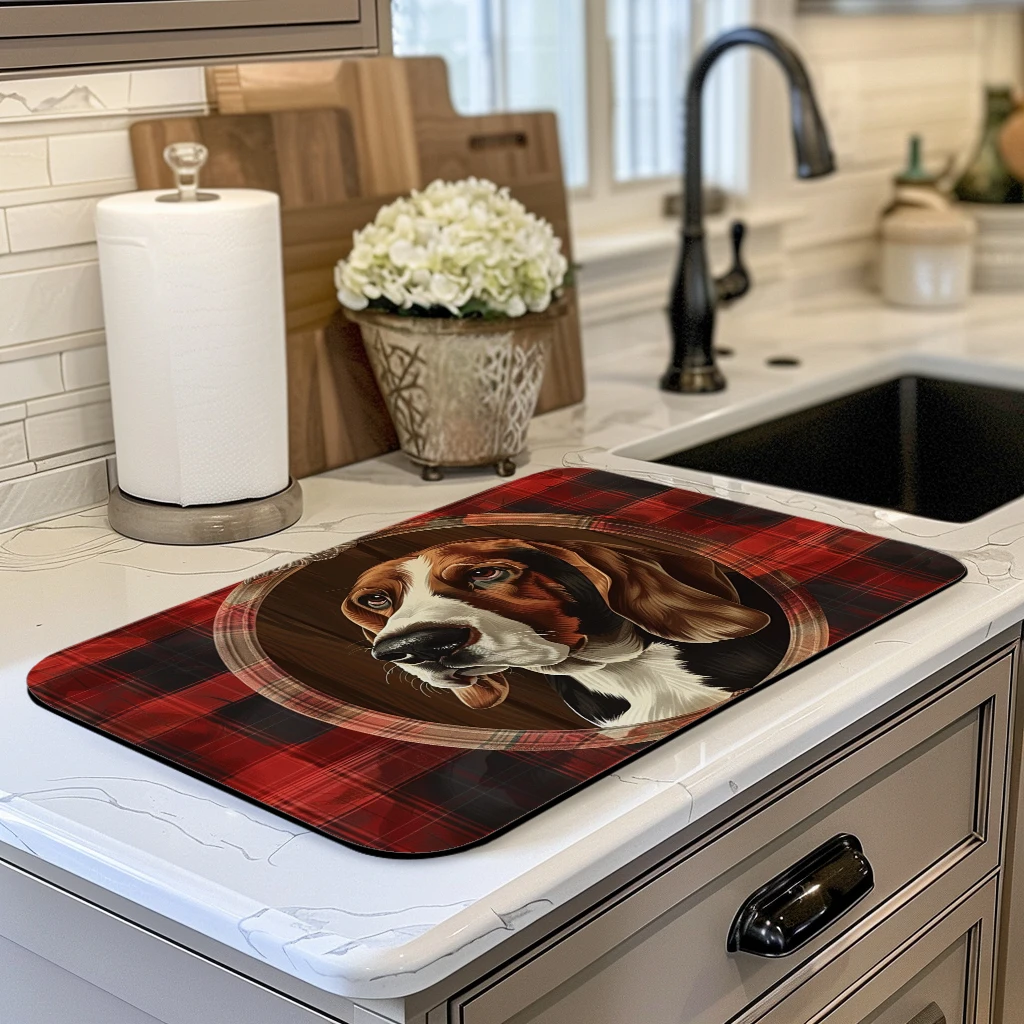 Coffee Mat Beagle Checkered Absorbent Draining Dish Drying Mat Dry Bathroom Tableware Hide Stain Rubber Backed Absorbent Mat