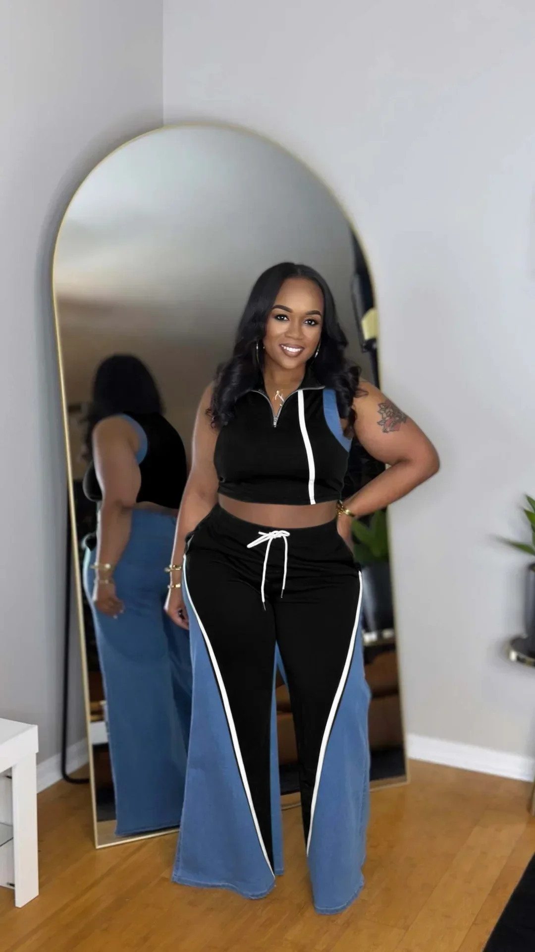 Fashion Denim Patchwork Women's Set Sleeveless T-shirt and Flare Pants 2025 Active Two 2 Piece Sets Outfits Tracksuit
