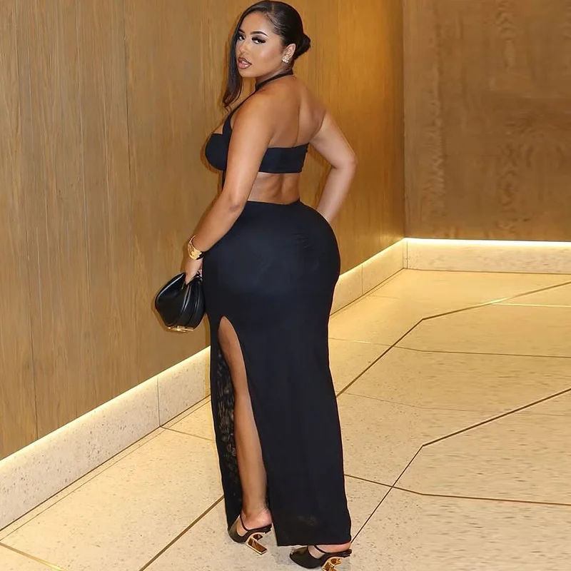 เดรสยาวทรงเข้ารูปแบบไขว้หลังเซ็กซี่ คอวีลึก ผ่าข้างสูง แต่งแหวนโลหะ สำหรับงานกลางคืน/งานราตรี